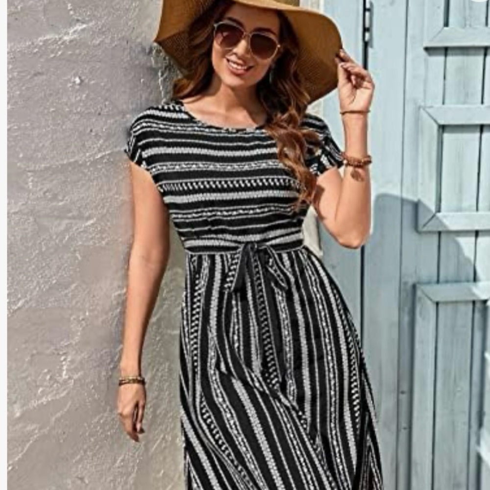 Emery Rose Black White Knit Belted Midi Dress Women’s M NWT